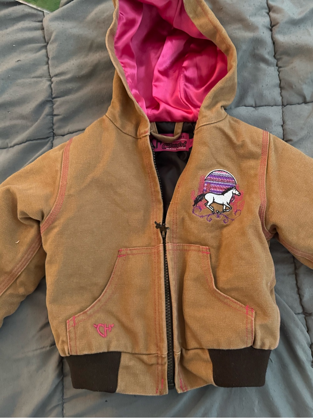 Girls' Tan Hooded Puffer Jacket with Pink Lining and Horse Embroidery